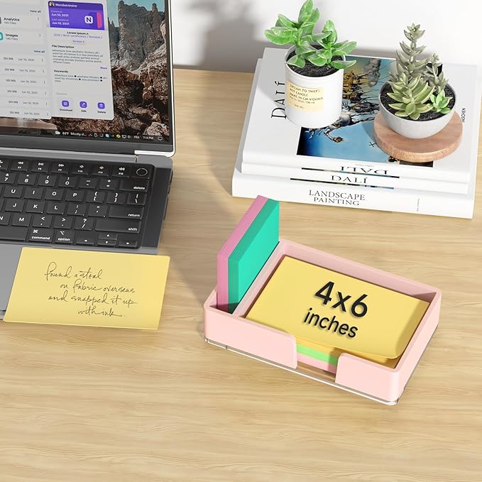 Sticky Note Holder with Pen Slot, Pink Acrylic Notepad Holder 4x6 in Self-Stick Note Dispenser Office Desk Accessories, Memo Pad Holder Organizer for Classroom School Supplies