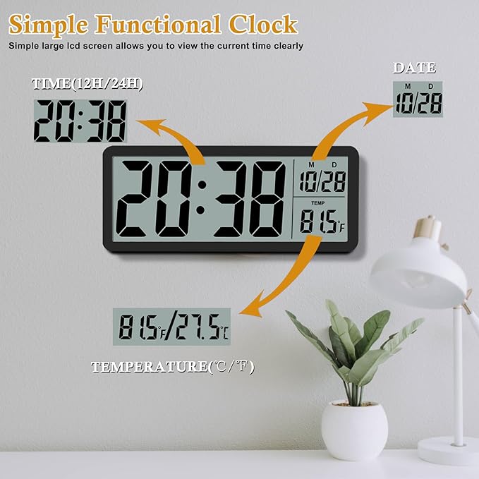 Digital LCD Wall Clock Easy to Set, 8.5 Inch LCD Screen with Time/Date/Temperature Display,Simple Digital Desk Clock with 12/24H for Bedroom Living Room Office Décor