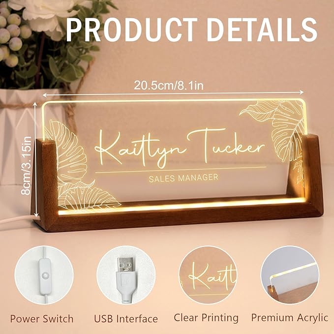 Desk Name Plate Personalized, Custom Office Light Up Name Plate for Desks, Desk Decorations for Women Men Office, Employee Appreciation Gifts for Coworkers