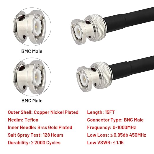 BNC Cable - 15FT RG58 50 ohm Male to Male Coax Cables Low Loss BNC Extension Coaxial Cable with for Antennas, RF Radios, Modems, Oscilloscopes, Spectrum, etc (Black)