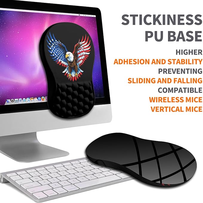 Ergonomic Joint Wrist Support Mouse Pad with Memory Foam Cushion Massage Bump, Carpal Tunnel Pain Relief Mousepad Slope Design for Wrist Rest, 11.8x7.9 in, Eagle Flag