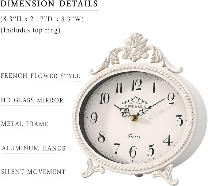 Abdurey Vintage Table Clock on Stand,Desk and Shelf Decorative Clock,French Rustic Style Mantel Clocks,Metal Frame Antique White Finish,Farmhouse,Bedroom, Bedside,Living Room,Gift Clocks