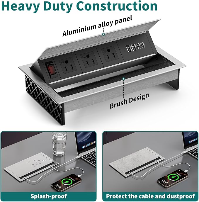 QBA Tabletop Brush Connectivity Box Outlet, Recessed Power Strip with USB-C 30W, 3 TR Outlets, 4 USB Ports, for Home Office, Silver