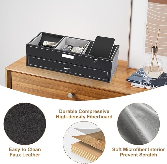 Baoyun Mens Valet Tray, Nightstand Organizers for Men, Leather Jewelry Storage Box Bedside Table Organizer EDC Catch All for Jewelry Key Wallet and Phone