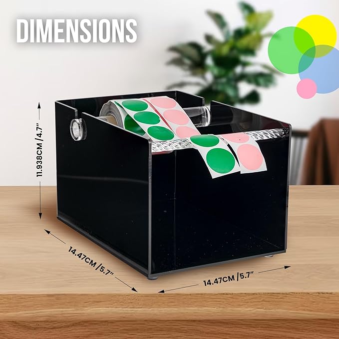 Multi-Use Small Label Dispenser for Rolls of Sticker Labels - 5.67"x 7.83"x4.72", Heavy-Duty, Wall-Mountable Acrylic Sticker Roll Dispenser, Anti-Slip (Small Black)