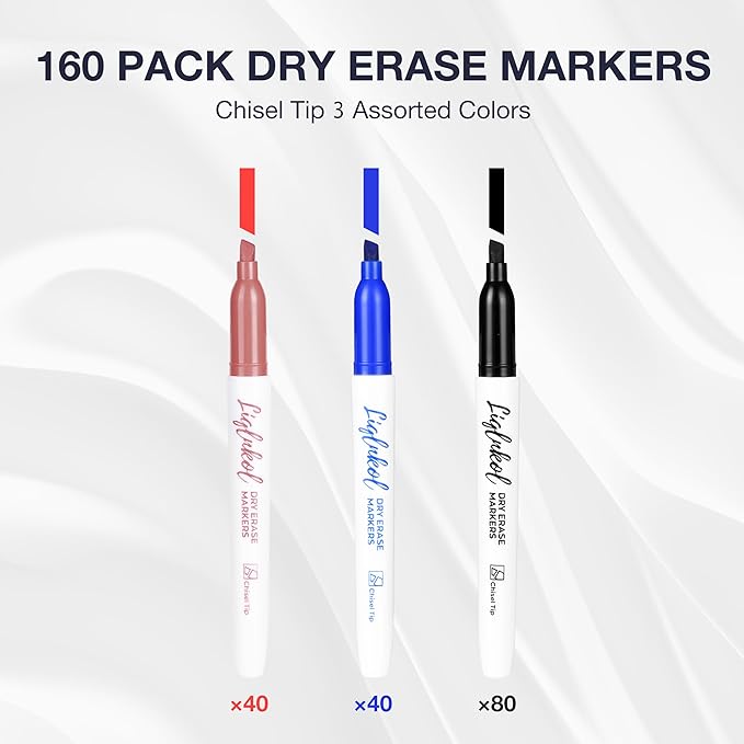 LiqInkol Dry Erase Markers Bulk 160 Pack 3 Assorted Colors, Chisel Tip Whiteboard Markers for Home and Office，Pens of 80 Black 40 Red and 40 Blue.