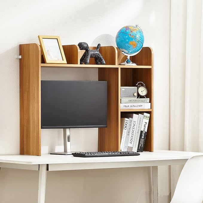 VEVOR Wood Desk Shelf, Desktop Bookshelf, Desk Storage Hutch with 6 Shelves, Office Countertop Organizer 3-Tier Display Rack, with Anti-Slip Feet Pads, for Office, Home & Dorm, Natural