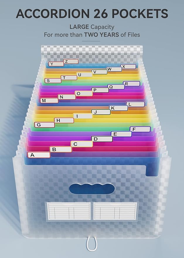 ABC life 26 Pockets Accordion File Organizer, Expanding File Folder, Portable Monthly Paper Bill Tax Receipt Organizer, Letter A4 Size Document Organizer with Labels - Blue