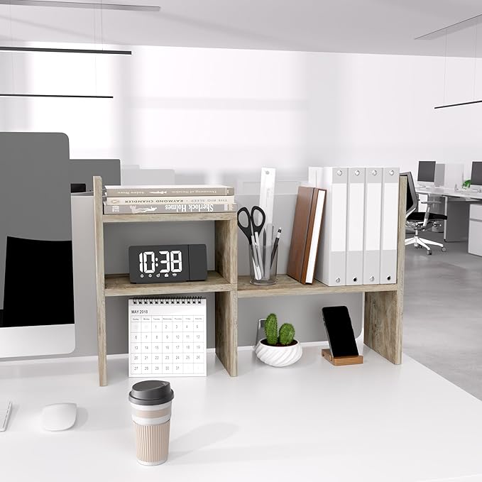 Jerry & Maggie Office Desk Organizers and Accessories for College Dorm Decor, Supplies Wooden Desk Organizer for Plants, Cubicle Shelf of Makeup Organizer for Cute Room Decor, Grey Oak