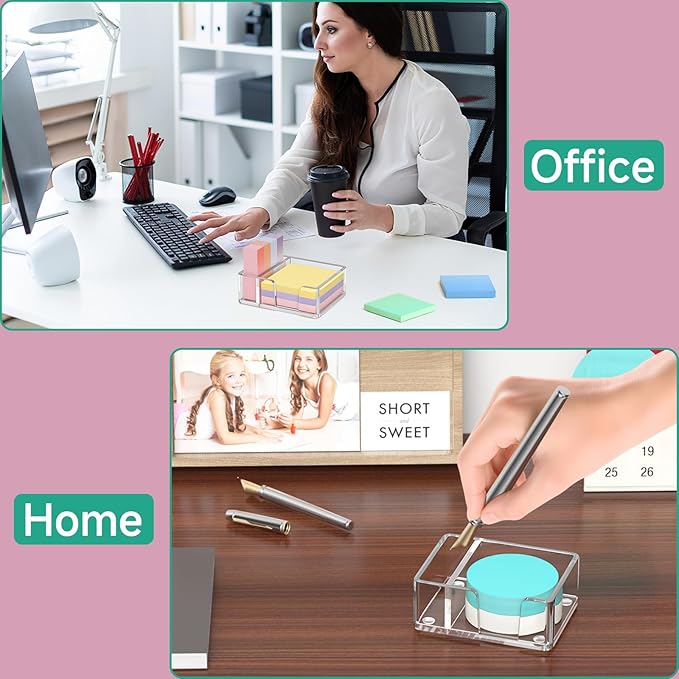 Sticky Note Holder with Pen Slot, Crystal Clear Acrylic Notepad Holder 3x3 in Self-Stick Note Dispenser Office Desk Accessories, Memo Pad Holder Organizer for Classroom School Supplies