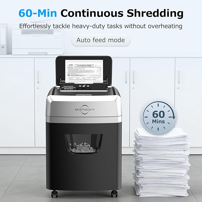 BONSEN 150-Sheet Autofeed Paper Shredder Heavy Duty, 60 Mins Micro-Cut Shredder for Office, 6 Gal Large Capacity Bin P-4 High Security Commercial Document Shredders for Home Office (S3114 New Version)
