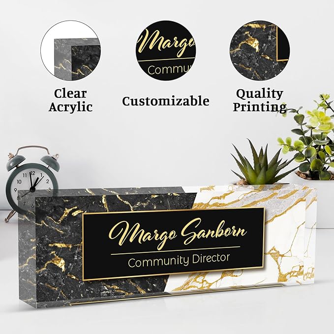 Personalized Name Plate for Desk Custom Acrylic Desk Name Plate Custom Employee Appreciation Gifts Office Gifts for Women, Men, Boss, Coworkers, Teacher, Nurse (A-Black & White Marble)