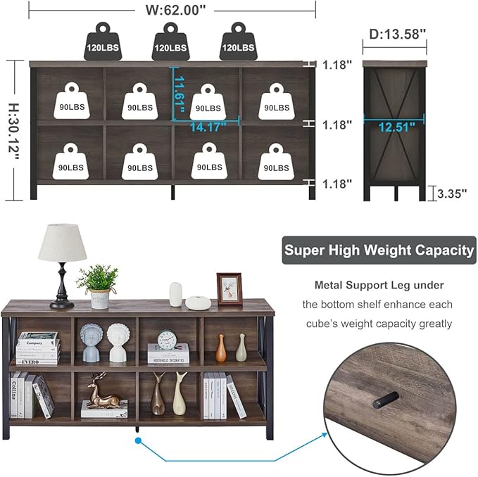 FATORRI 8 Cube Storage Organizer Bookshelf, 62 Inch Rustic Wood Horizontal Bookcase, Industrial Cube Long Book Shelf for Living Room (Walnut Brown)