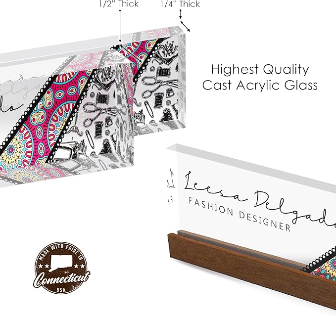 Artblox Personalized Office Desk Name Plate and Business Card Holder | Clear Acrylic Glass with Teak Wood Stand | Fashion Design Customized with Your Name and Credentials Office Desk Décor