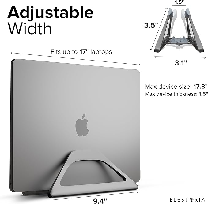 Elestoria Aluminum Vertical Laptop Stand with Gravity Auto-Lock – Adjustable Laptop Holder Vertical fits MacBook Pro/Air, Chromebook & Gaming Laptops up to 17.3" – Space-Saving Desktop Dock - Grey