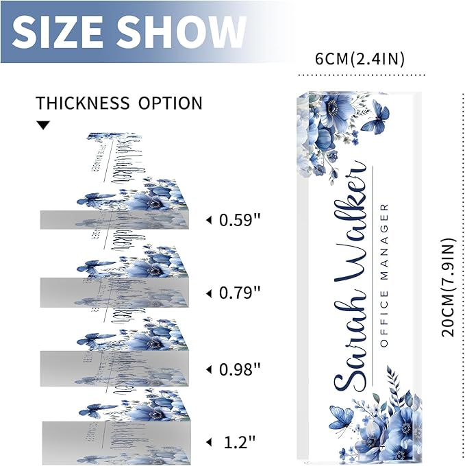 Desk Name Plate Personalized, Custom Name Plates for Desks, Office Desk Decor, Flowers Clear Acrylic Glass Block, Personalized Office Gifts for Women Men Boss Teachers Coworkers Appreciation Gifts