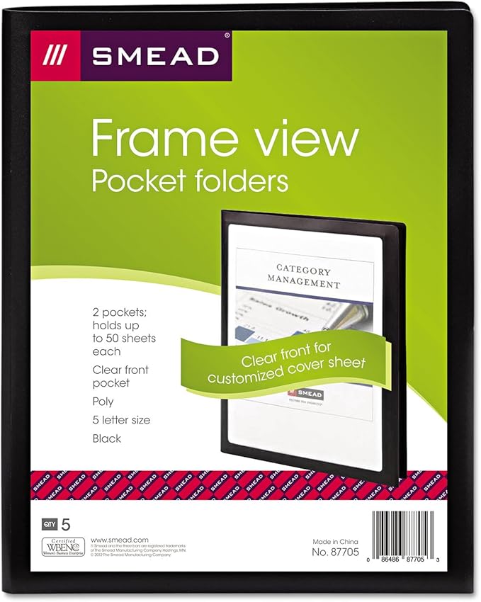 Smead Frame View Poly Two-Pocket Folder, Letter Size, Black, 5 Per Pack (87705) (Pack of 1)