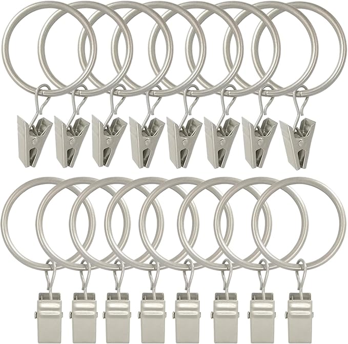 AMZSEVEN 100 Pack Curtain Rings with Clips, Drapery Clip with Rings, Drapes Rings 1.26 in Interior Diameter, Fits up to 1 in Curtain Rod, Matte Silver