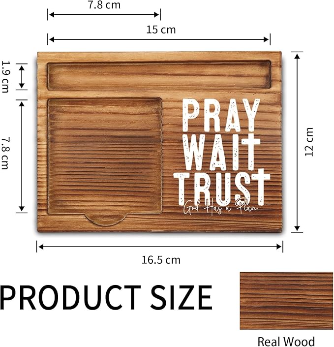 Pray Wait Trust Sticky Note Holder, God Has a Plan Christian Desk Gift, Inspirational Religious Office Decor for Women, Men, Coworkers, Wooden Bible Verse Note Pad Holder ZSS79