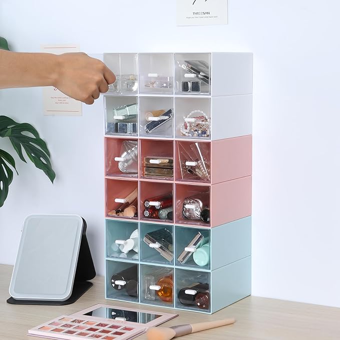 Desktop Drawers, Desk Organizer with 9 Drawers, Stackable Plastic Storage Box for Home Collection, Cosmetics, Office Supplies (3 Tall Layers, Mixed Colors)