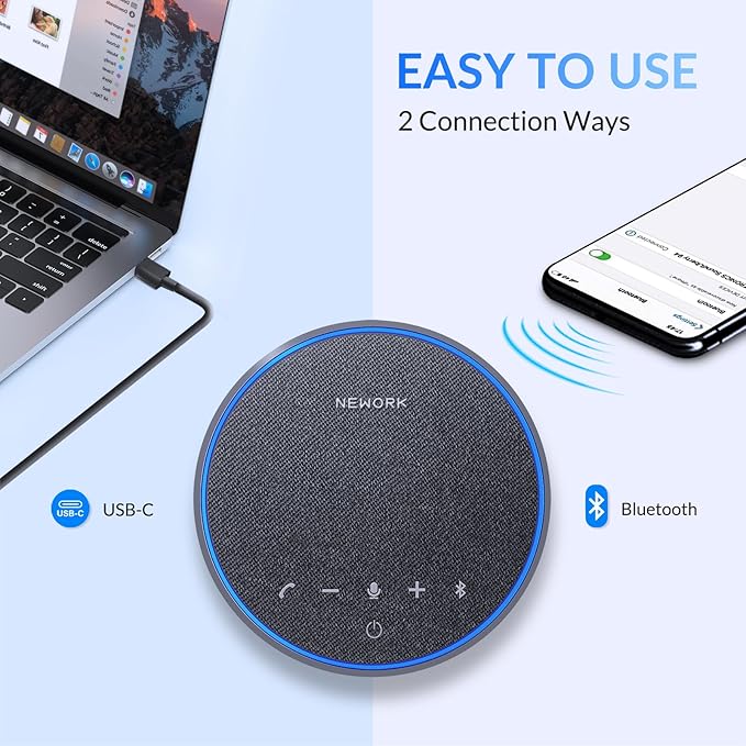 NEWORK AI Conference Speakerphone – 3 AI Mics, 360° Clear Voice, Noise Reduction, 12H Battery, Bluetooth & USB-C, Perfect for Home & Office Meetings