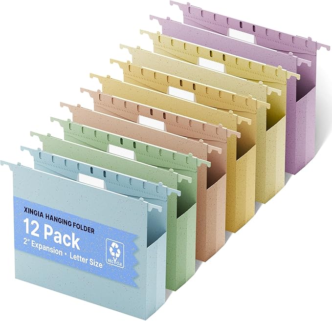 Wheat Straw Hanging File Folders Letter Size Extra Capacity,Heavy Duty 2'' Expandable File Cabinet Folders,12 Pack Pastel File Folders Hanging with Tabs,Hanging File Organizer for Office School