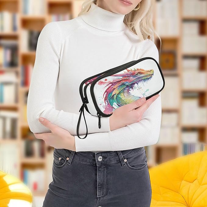 Custom Watercolor Dragon Pencil Case Box Boys Girls Personalized Name Large Pencil Pouch Stationery Pen Bag Organizer for Kids Adults School Office