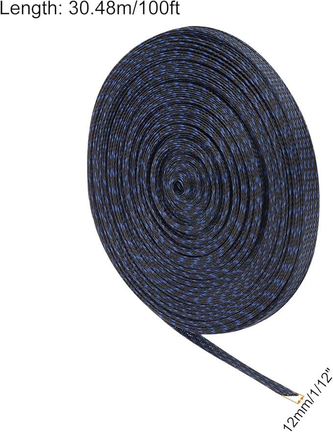 100ft PET Expandable Wire Loom 1/2 Inch, PET Braided Wire Sleeving Cable Management Sleeve Tubing [for Audio Video Home Office Cord Protector]-Black Blue