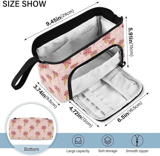 Ribbon Bow Pen Pencil Case Pouch Big Capacity Pencil Bag Box Organizer Pen Case Pencil Pouch Aesthetic with Handle for Teen Girls Boy College Women School