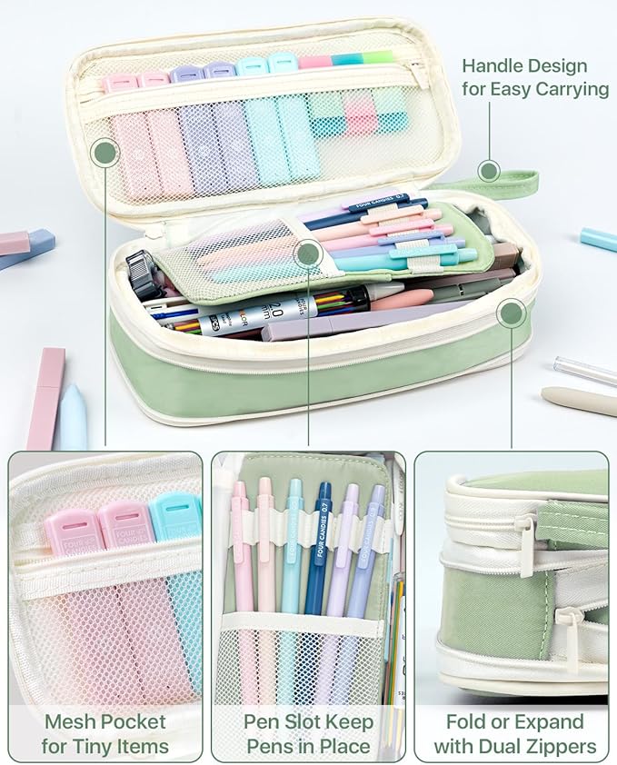 Four Candies 56 PCS Aesthetic School Supplies with Pencil Case, 6 Multicolor Pen, 12 Pastel Highlighters, 5 Gel Pens Black Ink, 9 Mechanical Pencils for Student Stationary Set Preppy Stuff (Green)