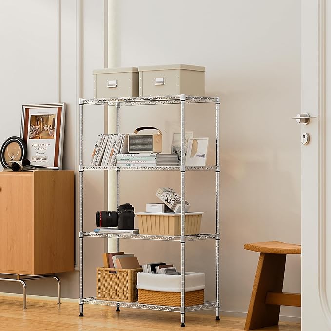 1000 lbs 4Tier Shelf Metal Storage Shelves Wire Rack Closet Organizers with Wheel for Garage Kitchen Bathroom Laundry Chrome 13.7" D x 29.5" W x 47.2" H