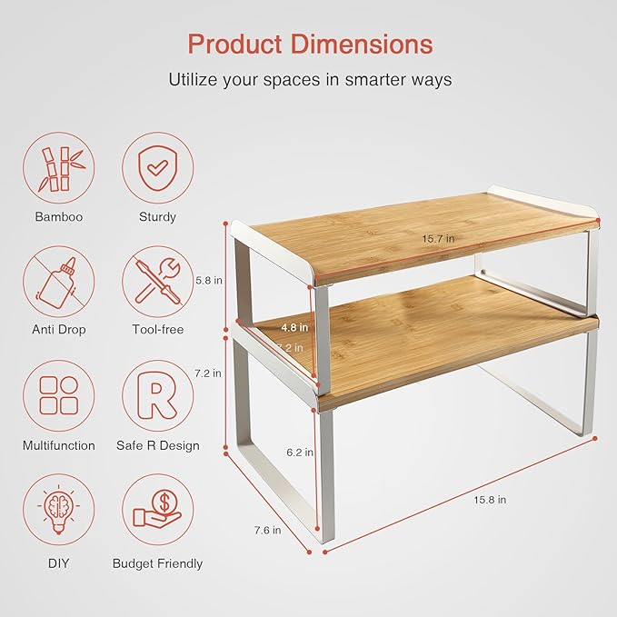 Kitchen Cabinet Organizer Shelf Set of 4, Large Stackable Pantry Cupboard Countertop Storage and Organizer, Desk Shelf Riser, Spice Plate Cup Expandable Storage Rack (Bamboo White)