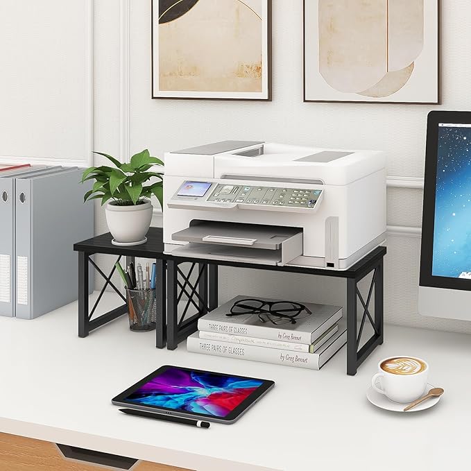 ELITEROO Wood Desktop Shelf, Freestanding Small Bookshelf Dorm Supplies Organizers, 2 Tier Independent Stackable Desk Stand, Adjustable Storage Organizer, Kitchen Counter Display Rack, Black