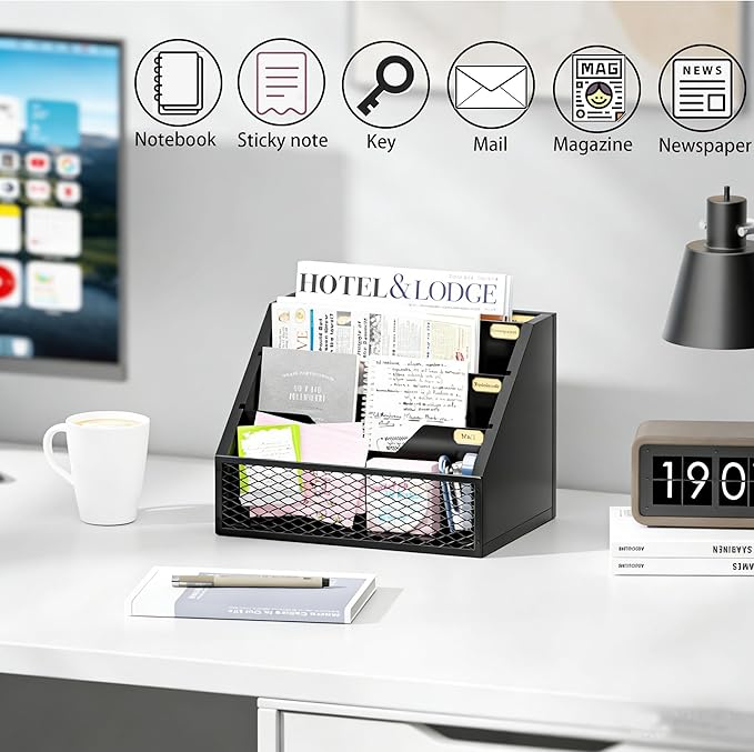 Mail Organizer Countertop,Wooden Mail Holder,4 Slot Letter Holder for Desktop,Vintage Desk Orgaizer for Fill,Bill (Black)