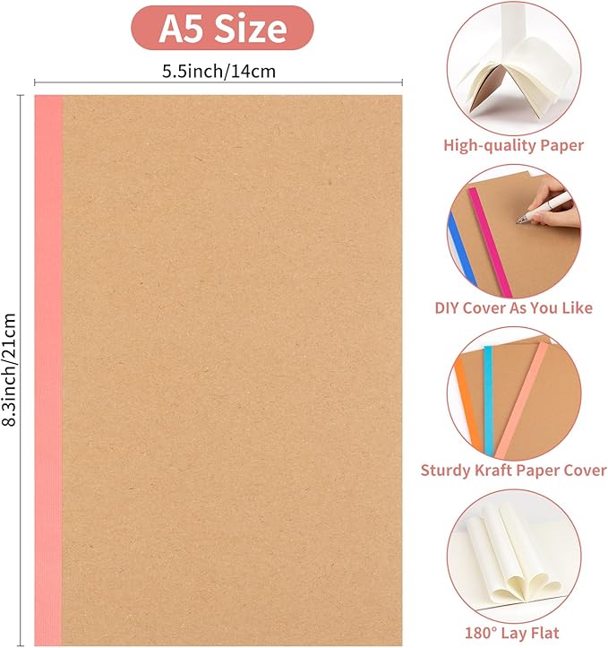 ALKALO 30 Pack Blank Notebook Journals Bulk, A5 Unlined Paper Composition Notebook, 8.3”x 5.5”, Kraft Cover with Rainbow Spines, 15 Colors 60 Pages for School Office Travel