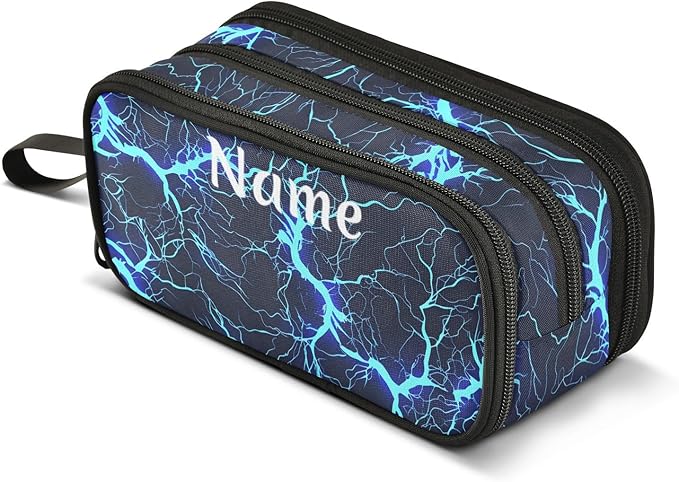 Custom Dark Blue Electric Lightning Pencil Case Box Boys Girls Personalized Name Large Pencil Pouch Stationery Pen Bag Organizer for Kids Adults School Office