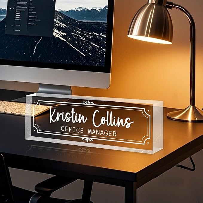 Custom Name Plate for Desk, Personalized Name Plate on Clear Acrylic Glass, Appreciation Gifts for Teacher Employee Boss Coworkers Nurse, Office Desk Accessories for Women Men (Engraved Classic)