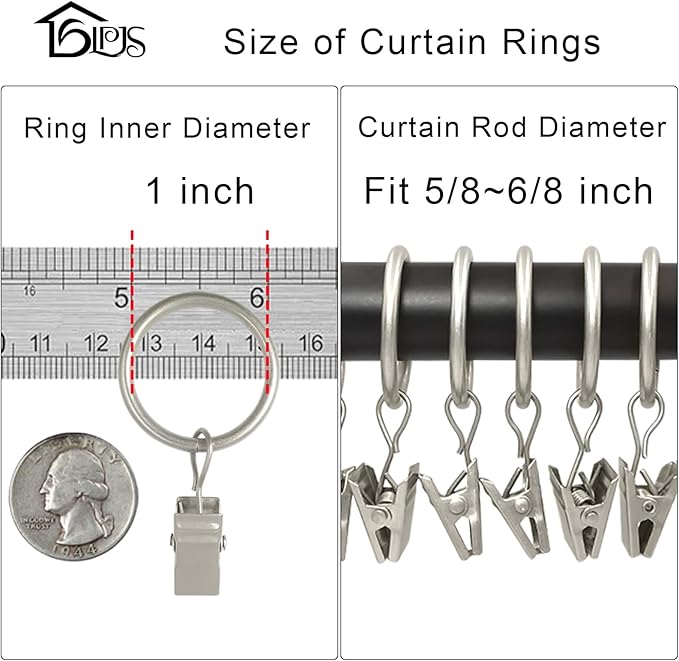 LLPJS 100 Pack Curtain Rings with Clips, Curtain Clip Rings Hooks, Bow Hanger Clips for Hanging Drapery Drapes Bows, Ring 1 inch Interior Diameter, Fits up to 5/8" Rod, Matte Silver