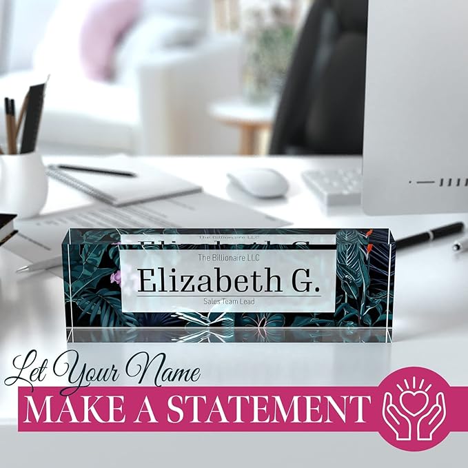 Desk Name Plate Personalized, Custom Name Plates 2½/x8 Inches, Thick Crystal-Clear Acrylic, Gift Box, Office Desk Decor. USA Made by ACRYLUXE (Bouquet)