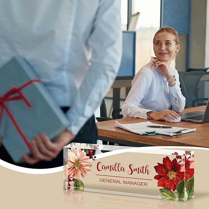 Personalized Name Plate for Desk, Custom Acrylic Desk Name Sign, Office Appreciation Gifts for Women Men Coworkers Boss Teacher Employee (Flower-Lotus)