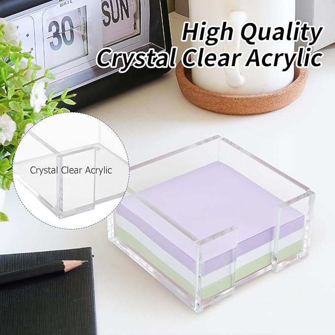 Acrylic Sticky Note Holder, 3 x 3 Crystal Clear Acrylic Notepad Holder Sticky Note Dispenser for Dorm Room and Office Desk Organizer