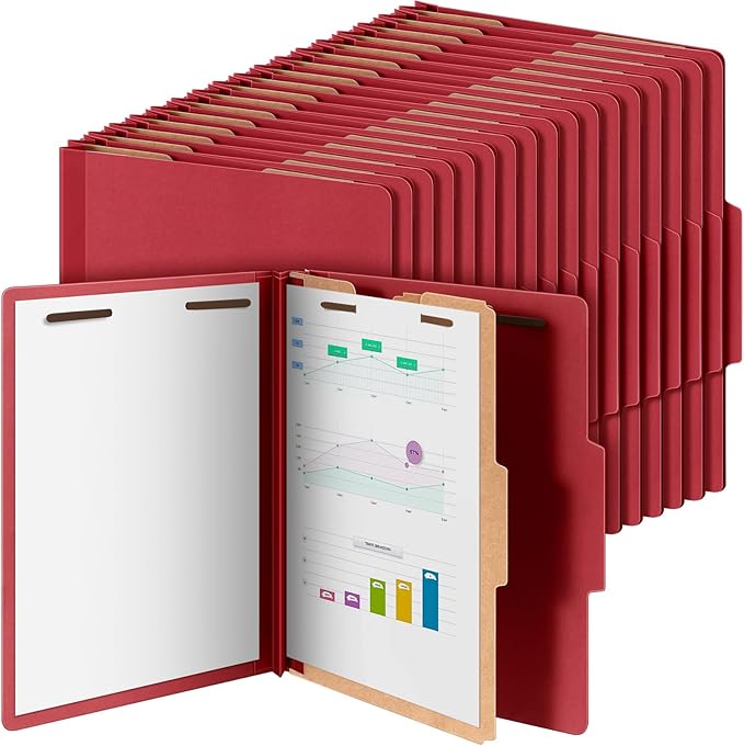 Skyygemm 60 Pcs Classification Folders Letter Size, 1 Divider Pressboard File Folder with Fasteners, Expanding Tax File Organizer Bulk for Teachers, Office, Church, Christmas Donations (Red)