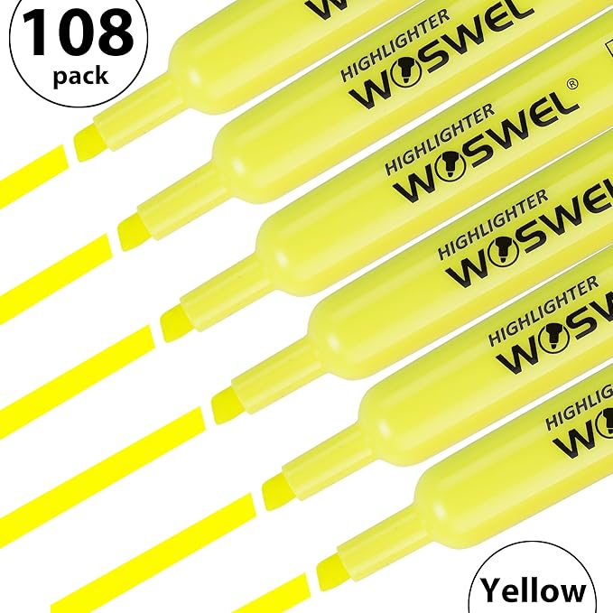 WOSWEL Highlighters Bulk, 108 Pack Tank Style Highlighters Set, Fluorescent Yellow, Chisel Tip Highlighter Markers Bulk for Coloring, Highlighting as School Supplies