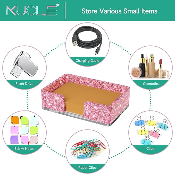 Sticky Note Holder, Glitter Pink Acrylic Notepad Holder 4x6 in Self-Stick Note Dispenser Office Desk Accessories, Memo Pad Holder Organizer for Classroom School Supplies