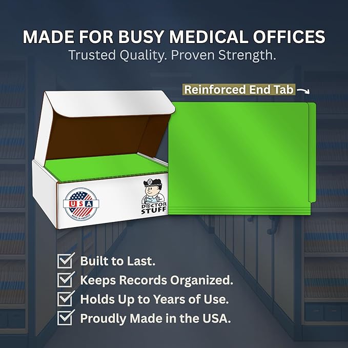 Green File Folders, USA Made, Doctor Stuff, One 2" Bonded Fastener Top Right Position 1, Durable 11pt, Reinforced End Tab File Folders with Prong, Medical Charts/Patient Chart, 50/Box