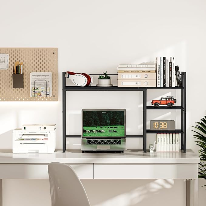 Snughome Desk Shelf, 44.9" Large Desktop Organizer Shelf, Desk Hutch for Monitor, 4 Tier Display Rack, Wooden Desktop Bookshelf Storage Rack for Home Office Dorm