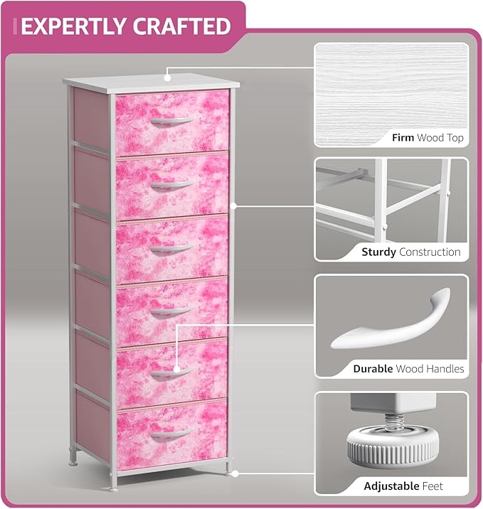 Sorbus Fabric Dresser for Kids Bedroom - Chest of 6 Drawers, Tall Storage Tower, Clothing Organizer, for Closet, for Playroom, for Nursery, Steel Frame, Fabric Bins - Wood Handle (Tie Dye Pink)