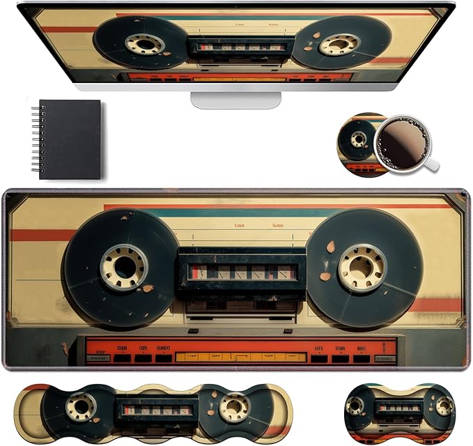 Ergonomic Keyboard Wrist Rest & Mouse Pad Wrist Rest Set, Large XXL Gaming Desk Mat 31.5"x 11.8" with Memory Foam, Easy Typing Pain Relief for Office & Home, Retro Tape Recorder