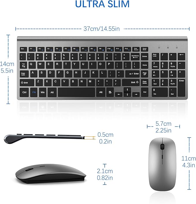 Wireless Keyboard and Mouse Ultra Slim Combo, TopMate 2.4G Silent Compact USB 2400DPI Mouse and Scissor Switch Keyboard Set with Cover, Batteries Included, for PC/Laptop/Windows/Mac - Gray Black