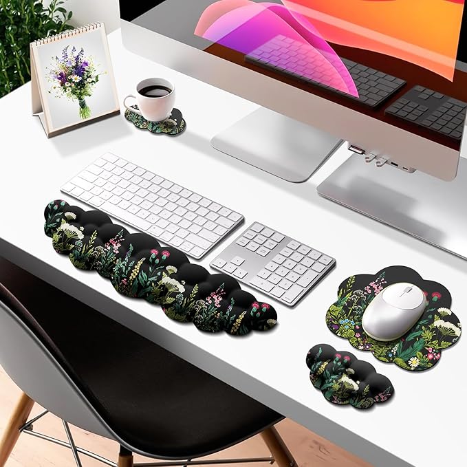 JIKIOU Cloud Wrist Rest Keyboard, Cloud Keyboard Wrist Pad Set with Comfortable Cloth, Cute Arm Rest for Palm Support, PC/Gaming Desk Accessories/Office Setup/Computer Hand Cushion Wild Flowers